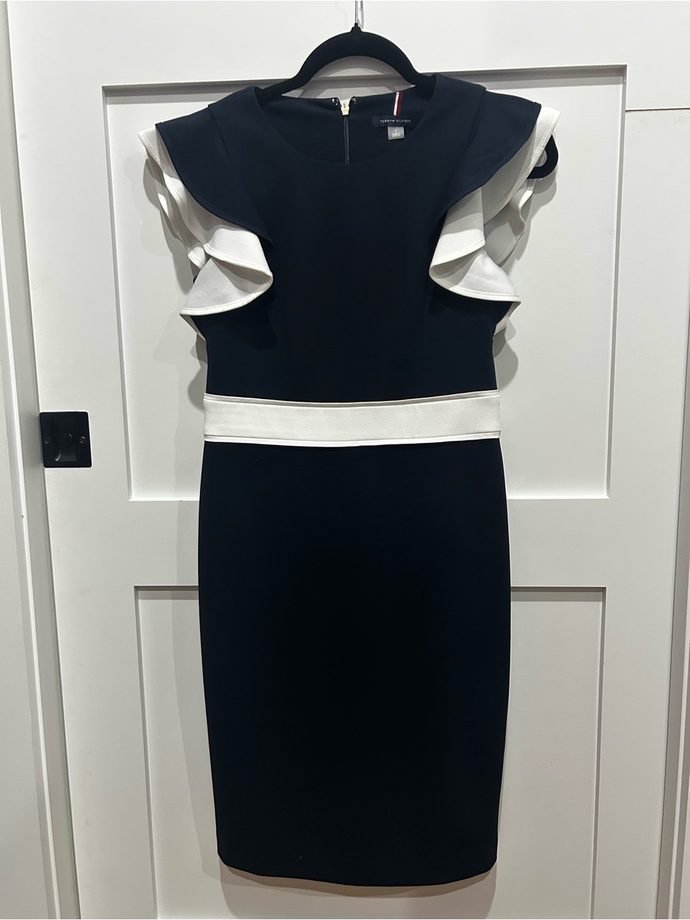 Tommy Hilfiger Navy and White Ruffle Sheath Midi Dress
